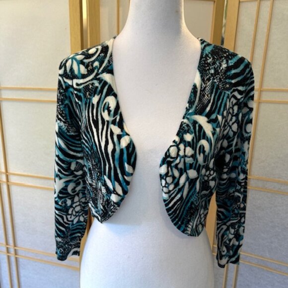 Cache Shrug Sweater Blue Black Gold Abstract Floral Animal Print Design - Size M - Picture 1 of 4